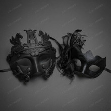 Matte Roman Greek Emperor And Glitter Feather Lace Women Masquerade Mask - Black