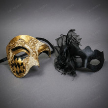 Venetian Harlequin Phantom and Feathered Flower Women Men Masquerade Mask - Gold Black