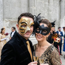 Venetian Harlequin Phantom and Feathered Flower Women Men Masquerade Mask - Gold Black