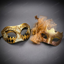 Elegant Harlequin Jester And Glitter Side Mesh Men Women Masquerade Masks - Black Gold