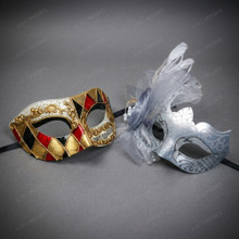 Venetian Harlequin Music Musical Note Silver Feather Women Masquerade Mask - Red Gold Silver