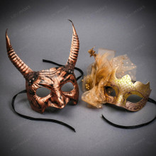 Horned Beast Demon And Elegant Mesh Feather Women Men Masquerade Mask - Bronze Gold