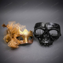 Elegant Gold Feather Lace Women and Skull Barbed Wire Men Masquerade Mask - Gold Black