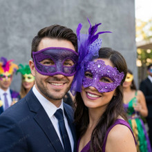 Venetian Glitter Scrollwork and Feather Lace Women Men Masquerade Eye Mask - Purple