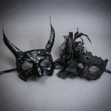 Gothic Horned Demon and Elegant Lace Floral Feather Couples Masquerade Masks - Black