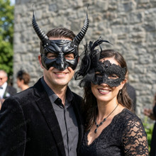 Gothic Horned Demon and Elegant Lace Floral Feather Couples Masquerade Masks - Black