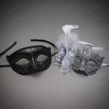 Elegant Floral Glitter Feather Side Flower Couple Masquerade Eye Masks - Black Silver