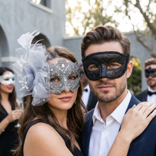 Elegant Floral Glitter Feather Side Flower Couple Masquerade Eye Masks - Black Silver