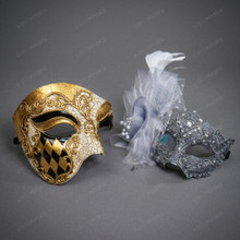 Venetian Harlequin Gold and Silver Floral Feather Couple Masquerade Masks - Gold Silver