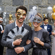 Venetian Harlequin Gold and Silver Floral Feather Couple Masquerade Masks - Gold Silver
