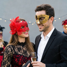 Venetian Music Note And Red Lace Feather Men Women Masquerade Mask - Red Gold Black