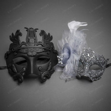 Roman Greek Pegasus Lyre and Silver Glitter Lace Flower Couple Masquerade Masks - Black Silver