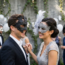 Roman Greek Pegasus Lyre and Silver Glitter Lace Flower Couple Masquerade Masks - Black Silver