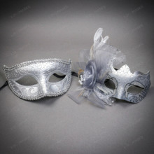 Ornate Venetian Scrollwork Feather Mesh Flower Women Eye Masquerade Mask - Silver