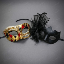 Venetian Harlequin Music Note and Side Floral Feather Women Masquerade Mask - Red Gold Black