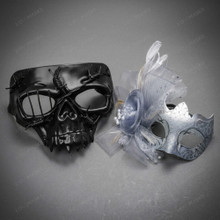 Gothic Barbed Wire Skull and Elegant Floral Side Feather Couples Mask - Black Silver