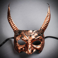 Copper Devil Horn Demon Mask & Silver Tulle Glitter Masquerade Couple Mask Set