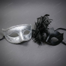 Venetian Glitter Scroll and Side Lace Flower Couples Masquerade Masks - Silver Black