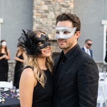 Venetian Glitter Scroll and Side Lace Flower Couples Masquerade Masks - Silver Black