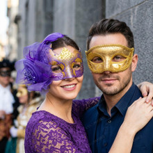 Elegant Venetian Scrollwork Glitter Feather Women Masquerade Eye Masks - Gold Purple