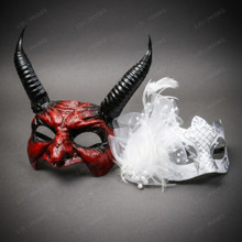 Gothic Horned Devil and Floral Lace Feather Men Women Masquerade Mask - Red Black White