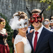 Gothic Horned Devil and Floral Lace Feather Men Women Masquerade Mask - Red Black White