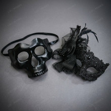 Gothic Skull And Filigree Lace Feather Flower Couple Masquerade Masks - Black
