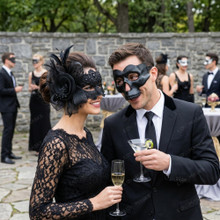 Gothic Skull And Filigree Lace Feather Flower Couple Masquerade Masks - Black