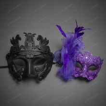 Roman Pegasus And Purple Feather Lace Couples Masquerade Mask Pair - Black Purple