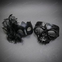 Gothic Glitter Mesh Flower and Barbed Wire Skull Couples Masquerade Mask - Matte Black