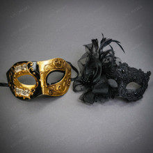 Venetian Musical Floral Lace Filigree Men Women Party Masquerade Eye Mask - Gold Black