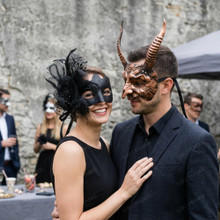 Horned Demon Satyr And Black Lace Floral Women Couples Masquerade Mask - Copper Black
