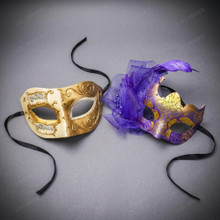 Classic Venetian Musical Scrollwork Purple Feather Women Masquerade Mask - Gold Purple