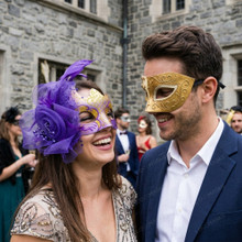Classic Venetian Musical Scrollwork Purple Feather Women Masquerade Mask - Gold Purple