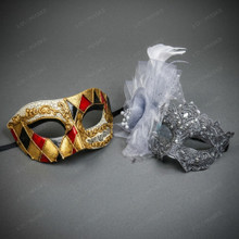 Harlequin Jester And Silver Feather Flower Couples Masquerade Mask - Gold Silver