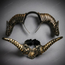 Gothic Floral Lion Decorative Horned Men Women Masquerade Mask - Antique Gold Black