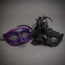 Venetian Elegant Lace Flower and Scroll Women Masquerade Mask Duo - Purple Black