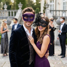 Venetian Elegant Lace Flower and Scroll Women Masquerade Mask Duo - Purple Black