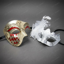 Elegant Venetian Crackle And White Feather Tulle Couples Masquerade Masks - Red Gold White