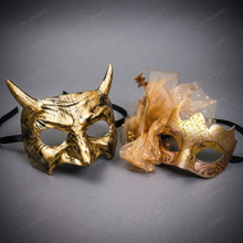 Elegant Horned Devil and Glitter Side Flower Couples Masquerade Masks - Gold Black