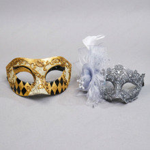 Venetian Harlequin and Silver Floral Lace Women Masquerade Eye Masks - Gold Silver