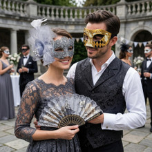 Venetian Harlequin and Silver Floral Lace Women Masquerade Eye Masks - Gold Silver
