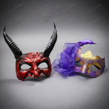 Horror Devil Horns Demon and Purple Glitter Feather Venetian Masquerade Mask - Red Purple Gold