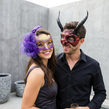 Horror Devil Horns Demon and Purple Glitter Feather Venetian Masquerade Mask - Red Purple Gold