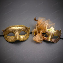 Classic Venetian Glitter Filigree Side Mesh Flower Women Masquerade Eye Mask - Gold