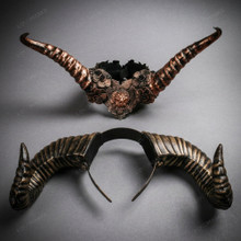 Gothic Demonic Horned Floral Medallion Women Masquerade Headpiece Mask - Bronze Copper Black