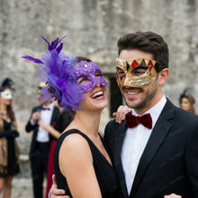 Venetian Harlequin Music Jester Diamond Lace Feather Men Women Masquerade Mask - Gold Purple