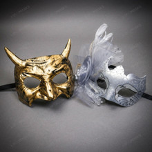 Rustic Horned Satyr Devil Men Masquerade Venetian Mask with Antique Finish - Gold Black