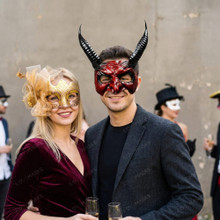 Realistic Horned Devil and Floral Glitter Lace Filigree Couples Masquerade Mask - Red Gold Black