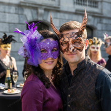Antique Horned Beast and Purple Glitter Lace Feather Couples Masquerade Mask - Bronze Purple